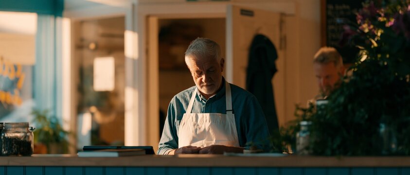 Senior man working in cozy cafe interior