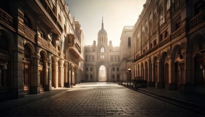 Fototapeta premium Architectural Grandeur - A Sunlit Street Leading to a Majestic Building.
