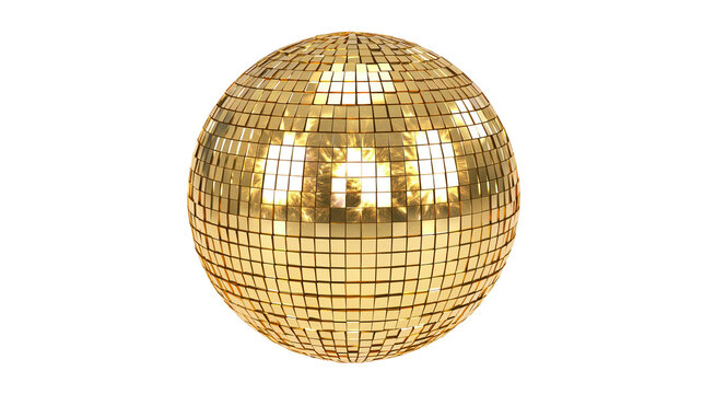 Golden disco ball covered in mirrored squares, isolated on transparent background