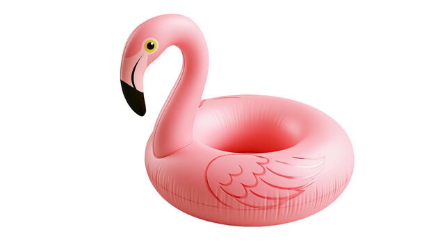 Pink inflatable flamingo pool float ring, isolated on transparent background