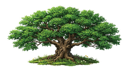 Tree with a thick trunk and lush green foliage stands alone on a small patch of grass. © Sadee Girl