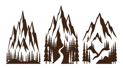 Fototapeta premium Mountains depicted in a series of three brown illustrative sketches showcase rugged peaks and pine forests.