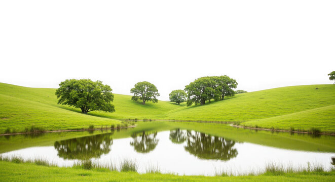 Scenic landscape with a calm pond surrounded by lush green rolling hills and trees isolated on transparent background