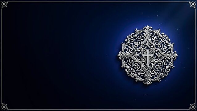 Ornate silver cross on a decorative blue background