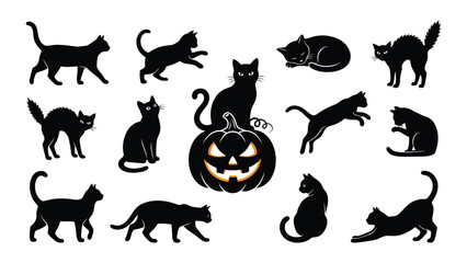 Cats silhouettes in various poses surround a spooky carved pumpkin to celebrate the Halloween season. © Sadee Girl