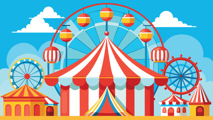 Carnival scene with Ferris wheel and striped tent under blue sky with clouds vector illustration © CreativeKamrul