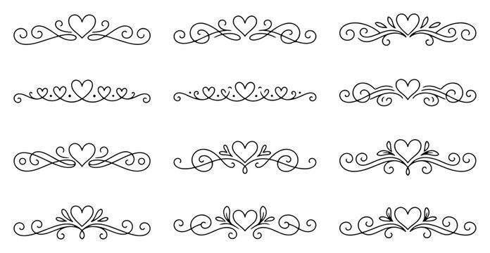 Heart decorative dividers and floral vignettes set in elegant line art style