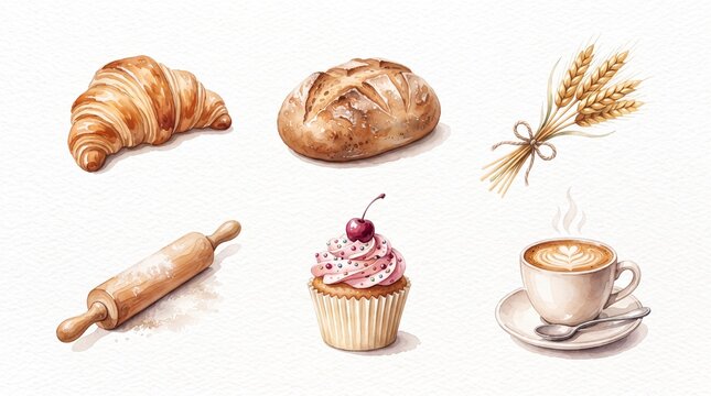 Rustic watercolor bakery collection, hand-painted breakfast pastries and coffee illustration set, fresh bread, croissant, cupcake, and wheat bundle for cafe menus.