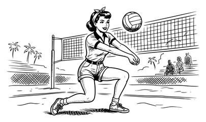 Woman playing beach volleyball hitting ball over net in retro comic sketch style © Mago