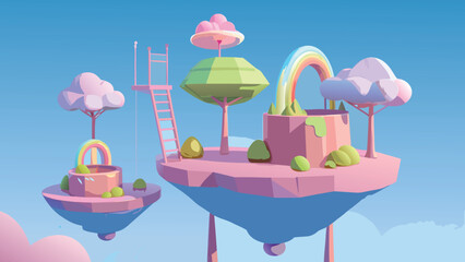 Dreamy floating islands with pastel clouds ladders and rainbows during soft daylight © CreativeKamrul