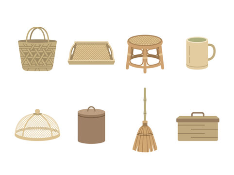 Eco-friendly bamboo handicrafts serving as plastic alternatives, such as chairs, dim sum steamers, laundry baskets, brooms, trays, cups, vases, storage boxes, woven carriers, tissue holders, and fruit
