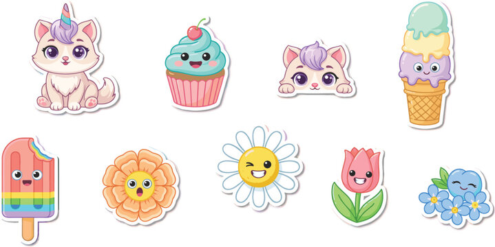 Cute Kawaii Sticker Set with Caticorn Cupcake Peeking Kitten Ice Cream Cone Rainbow Popsicle and Spring Floral Elements Vector Illustration