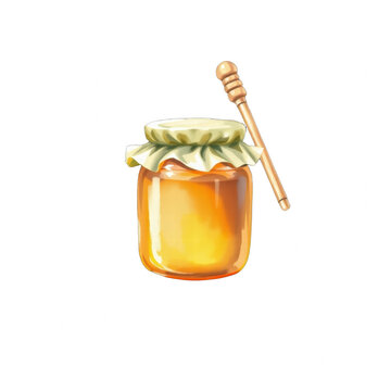 Glass jar of honey with wooden dipper isolated on black