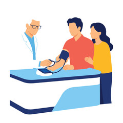 Obraz premium Doctor checking blood pressure of a patient with his wife in a medical clinic vector illustration.