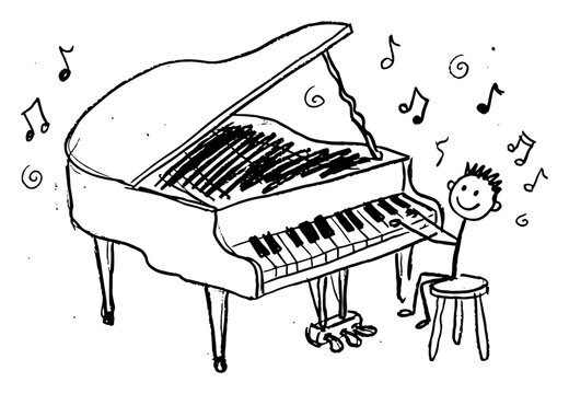 Grand piano played by stick figure with musical notes in sketchy doodle style