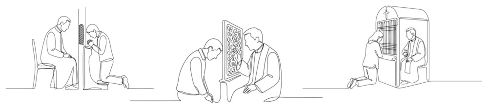 Catholic confession scenes with priest and penitents in continuous line art style