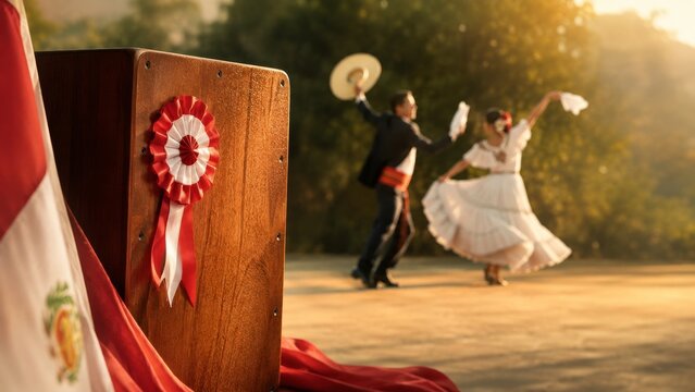 Peruvian cultural celebration with a traditional cajon drum and national flag in the foreground, while a blurred couple dances the marinera at sunset during Fiestas Patrias national holidays.