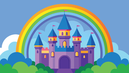 Fantasy castle with rainbow and clouds in a whimsical landscape vector illustration © CreativeKamrul