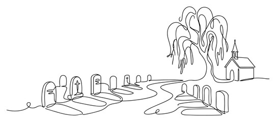 Fototapeta premium Graveyard landscape with tombstones willow tree and chapel in minimalist continuous line art style