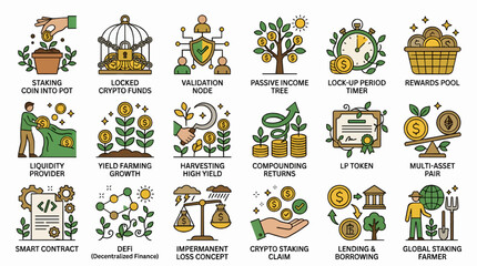 Obraz premium Flat Vector Icon Set Illustrating Cryptocurrency Concepts: Staking, DeFi, Yield Farming, and More, with Clean Lines and Vibrant Colors