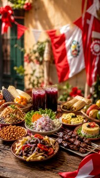 Traditional Peruvian food feast on a wooden table with ceviche, anticuchos, and causa, decorated for Fiestas Patrias national holidays celebration in an outdoor courtyard at sunset with red bunting.