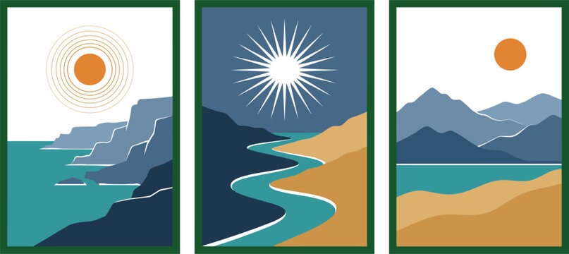 Abstract boho landscape poster collection, minimalist mountain river sea printing triptych, mid century sun wave wall art decoration illustrations