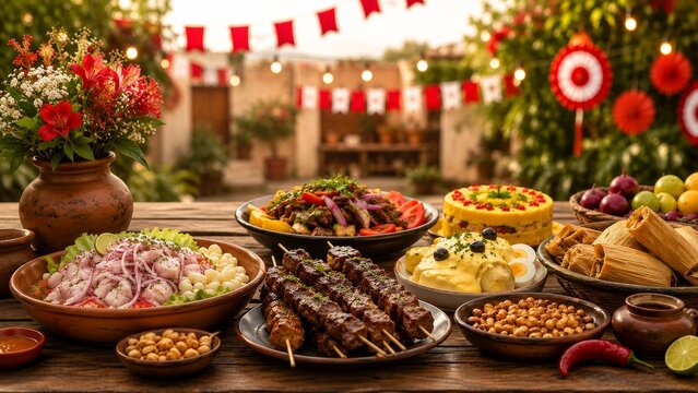 Traditional Peruvian food feast on a wooden table with ceviche, anticuchos, and causa, decorated for Fiestas Patrias national holidays celebration in an outdoor courtyard at sunset with red bunting.
