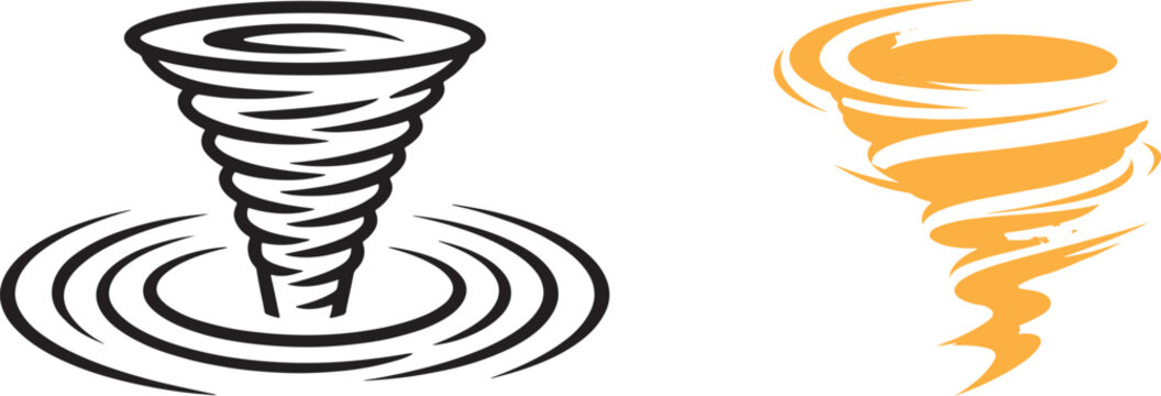 Tornado and twister vector icons with swirling wind vortex and funnel cloud for weather forecasting and natural disaster design