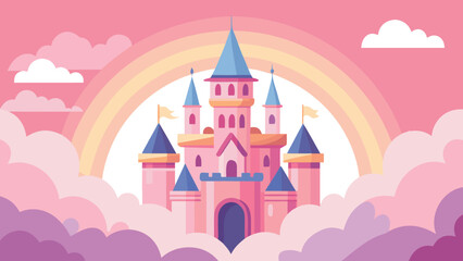 Fantasy pink castle with blue spires nestled in soft clouds against a pastel rainbow sky vector illustration © CreativeKamrul