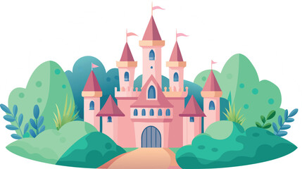 Fototapeta premium Pink fairytale castle with lush green foliage during daylight vector illustration
