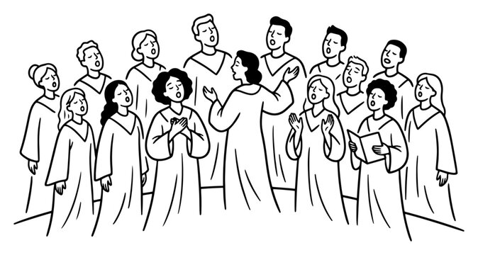 Church choir group singing together in robes for religious service in simple line art style