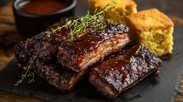 BBQ beef ribs, glistening with sauce, served with cornbread