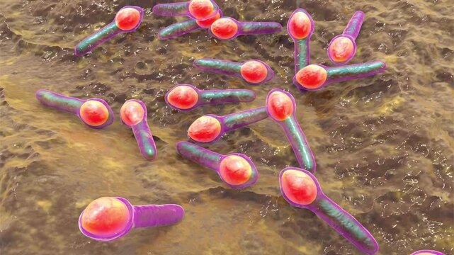 Clostridium botulinum bacterium, 3D animation showing rod-shaped anaerobic bacteria with subterminal endospores giving a tennis-racket appearance.
