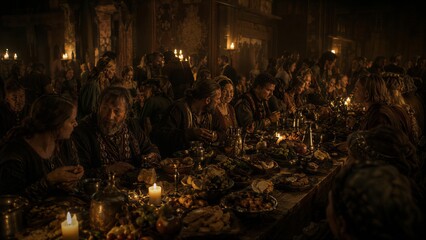 Obraz premium Medieval people at grand banquet in dark hall. Man and woman eating traditional dinner at wooden table with candle light. Historical celebration of feast in royal castle. Luxury event.