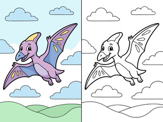 A cute purple pterodactyl vector illustration featuring a coloring page side by side with a vibrant full color flying dinosaur © Kevin
