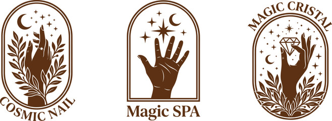Mystic hands, cosmic nail, magic spa, cristal emblems, celestial moon stars leaves line art logos, beauty salon isolated branding graphics © MstSumi