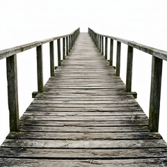 Fototapeta premium Long rustic wooden pier stretching forward with weathered planks isolated against a bright white background area