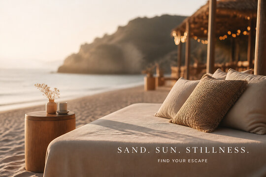 A luxurious outdoor daybed with pillows is set up on a sandy beach at sunset near calm water.