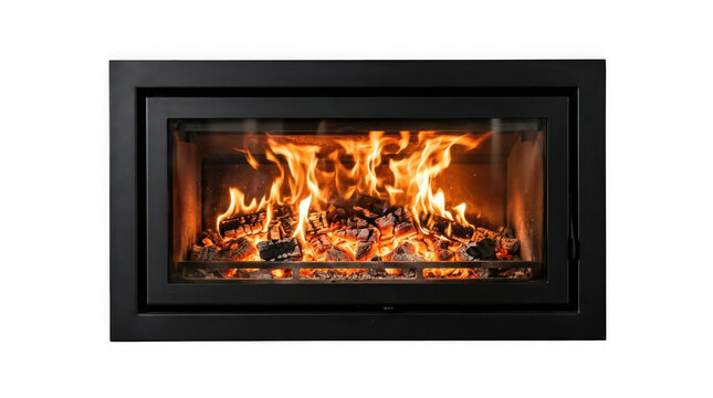 Modern fireplace insert with burning wood logs and bright flames isolated on transparent background