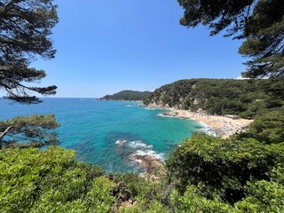 Fototapeta premium Drone panorama of Platja de sa Boadella beach and crystal clear Mediterranean waters, Costa Brava, Spain
