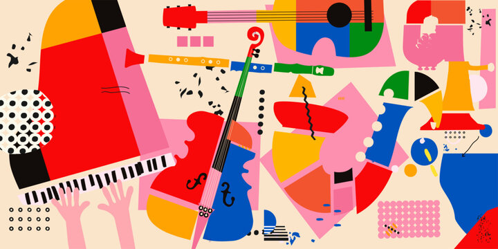 Abstract Music Background, vector illustration. Collage with musical instruments.