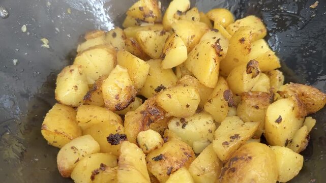 Fried Potatoes Cooking in Carbon Steel Pan