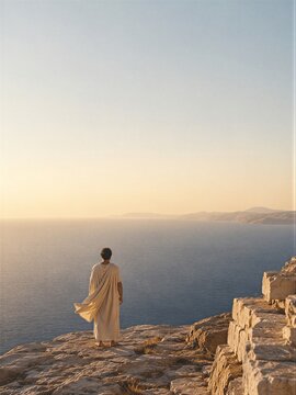 Greek man standing on cliff edge, looking at sea during sunset. Ancient Greece scholar wearing traditional chiton garment. Philosophical reflection, travel, history and heritage theme.