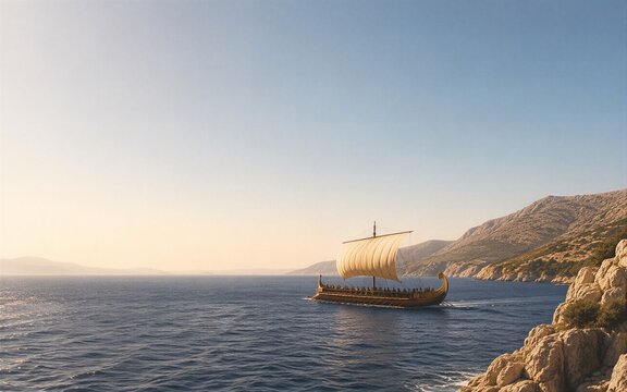 Ancient Greek trireme sailing on the sea. Historical vessel with oars and sail near a rocky coast. Maritime journey in antiquity. Epic adventure throughout Mediterranean travel.