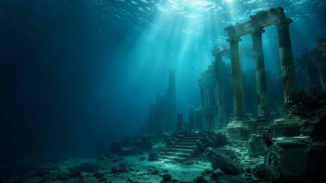 Sunken ruins of Atlantis with marble columns on ocean floor. Ancient stone architecture submerged underwater. Mythological lost civilization discovery, deep sea exploration and history.