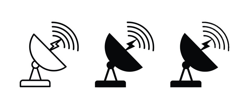 Satellite dish antenna icons featuring wireless communication, signal transmission, broadcasting, and clean minimalist vector graphics for networking and telecommunications.