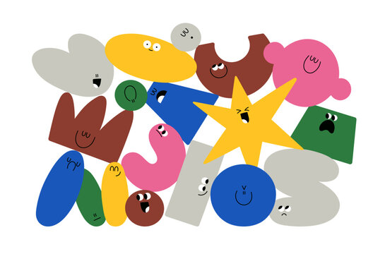 Abstract geometric shapes with diverse face expressions, emotions, moods. Funny figure characters group composition. Cute forms, emojis. Flat vector illustration isolated on white background