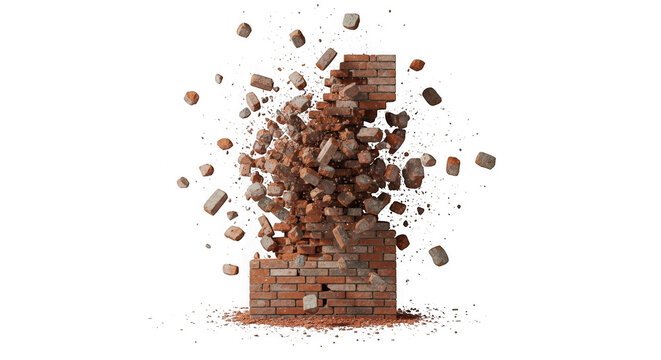 A brick wall exploding into flying debris isolated on transparent background