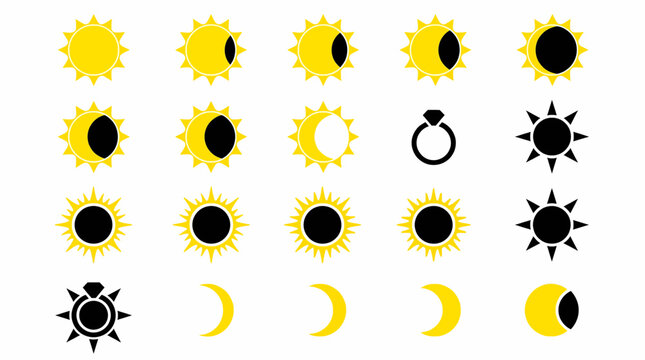 Eclipsed Sun Cycle Graphic Set Showing Various Phases of Solar Eclipse