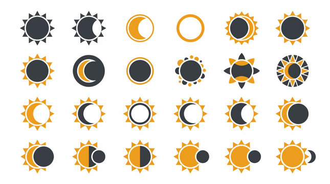 Eclipsed Solar Icon Set Featuring Various Moon Phases and Sun Alignment Cycles